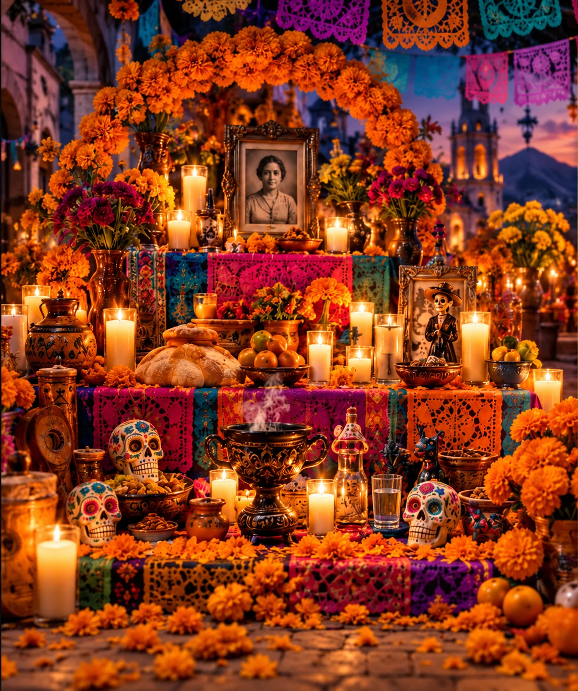 Illustrated ofrenda with seven offerings